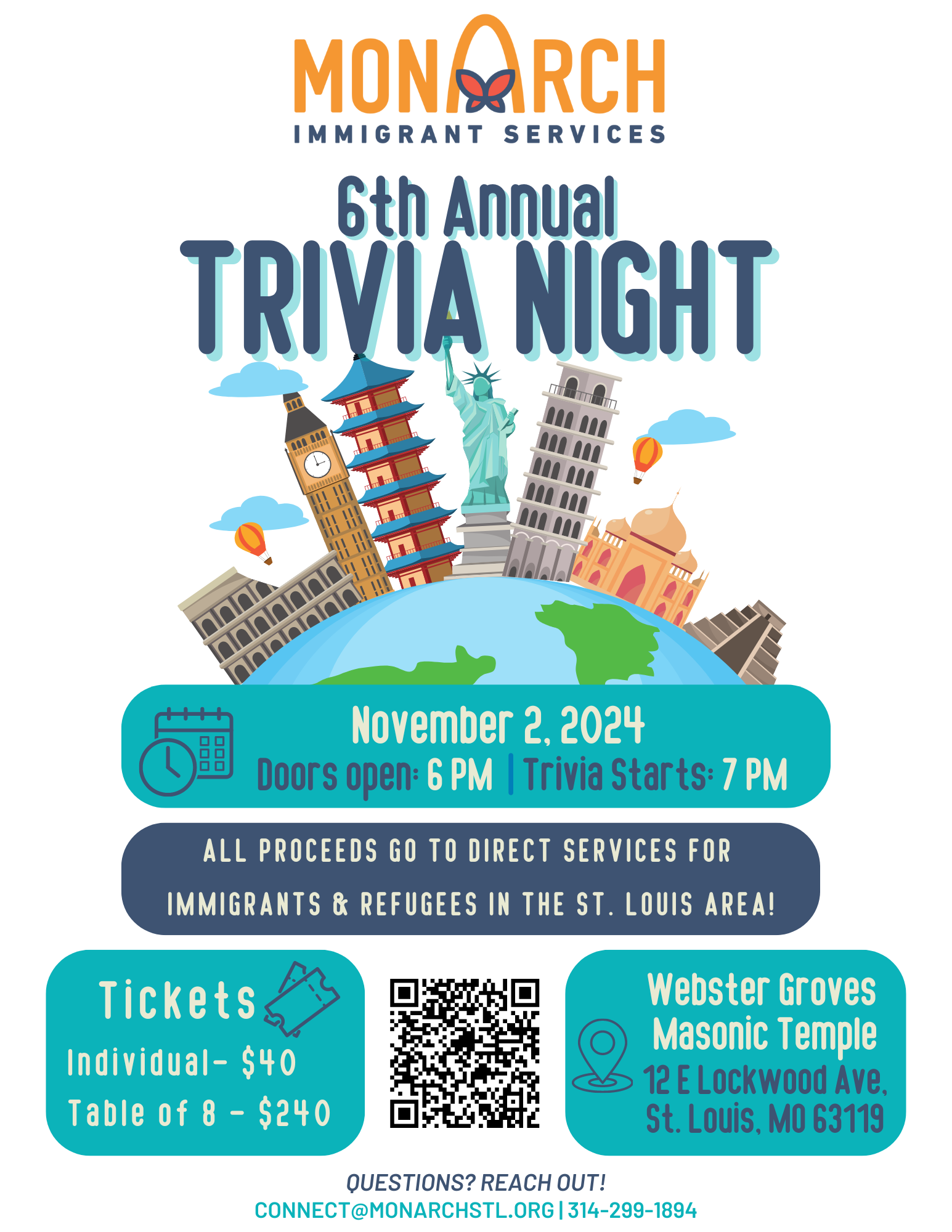 A flyer providing information about Monarch Immigrant Services' 6th Annual Trivia Night