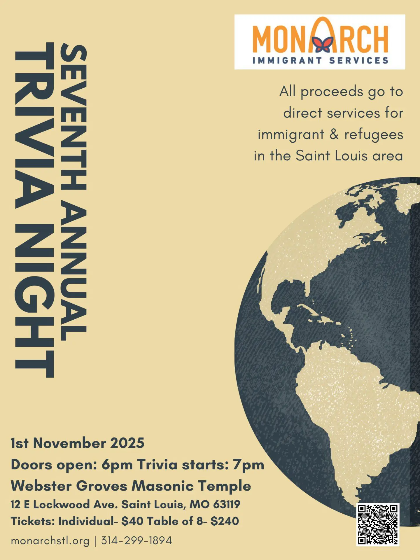 2025 Trivia Flyer A flyer providing information about Monarch Immigrant Services' 6th Annual Trivia Night